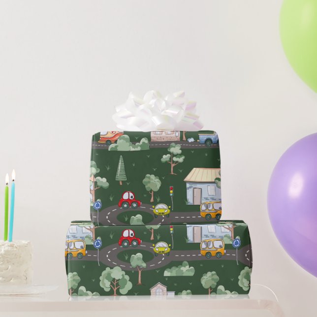 Cute Cars in Town Pattern for Little Boys Green Wrapping Paper (Party Gifts)