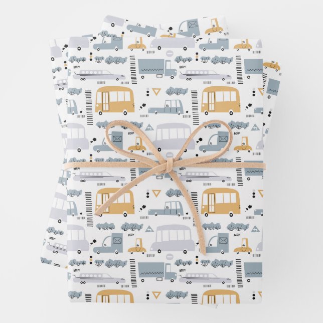 Cute Cars in Traffic Pattern Wrapping Paper Sheet (In situ)