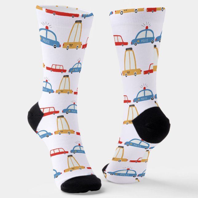 Cute Cars Taxi Police Pattern Socks (Angled)