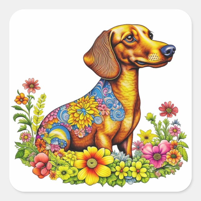Cute Cartoon AI Dachshund Dog Square Sticker (Front)