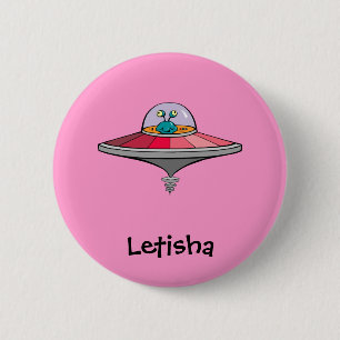 Cute Cartoon Alien In Ufo Personalised Name Gift 6 Cm Round Badge