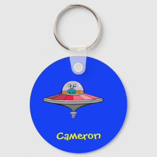 Cute Cartoon Alien In Ufo Personalised Name Gift Key Ring