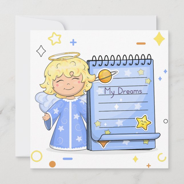 Cute cartoon angel with a paper notebook. (Front)