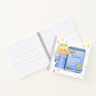 Cute cartoon angel with blue notebook