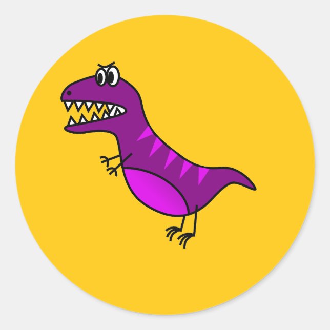 Cute cartoon angry purple dinosaur classic round sticker (Front)