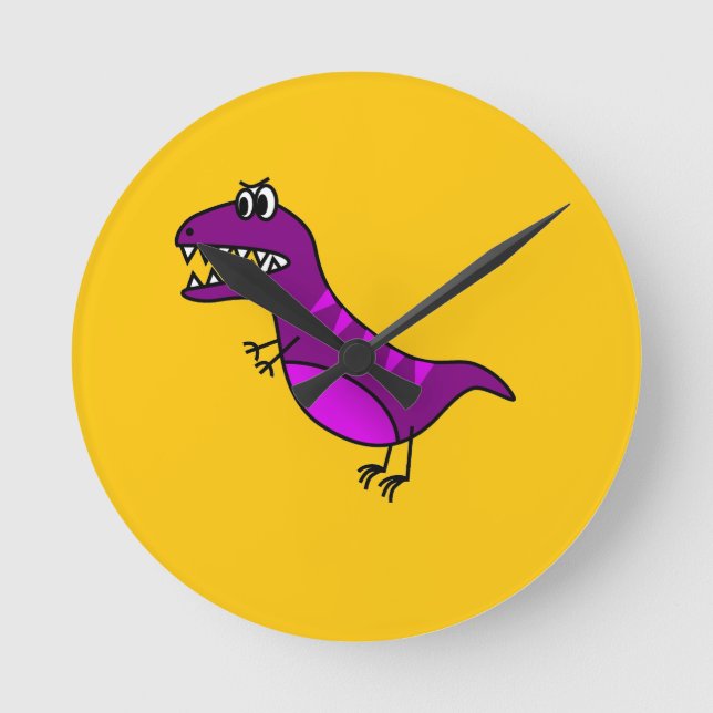 Cute cartoon angry purple dinosaur round clock (Front)