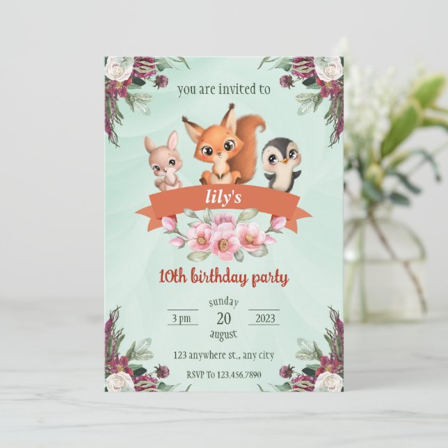 cute cartoon animal bunny squirrel penguin  invitation (Standing Front)