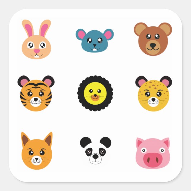 Cute cartoon animal faces square sticker (Front)