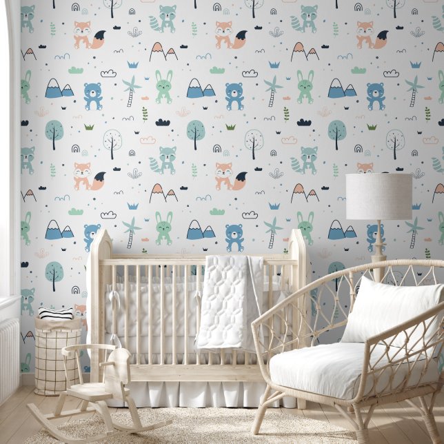 Cute Cartoon Animal Fox Bear Kids Room Wallpaper (Kids)