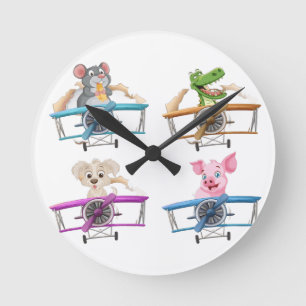 Cute Cartoon Animal Pilots Aeroplane Nursery Round Clock