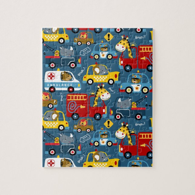 Cute Cartoon Animals And Car Transportation Jigsaw Puzzle (Vertical)