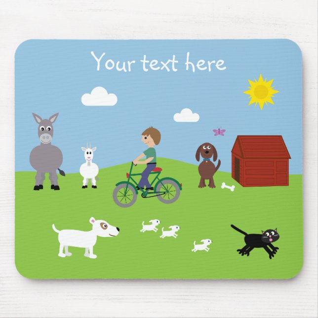Cute Cartoon Animals & Boy Riding Bike Mousepad (Front)