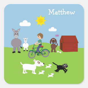 Cute Cartoon Animals & Boy Riding Bike Stickers