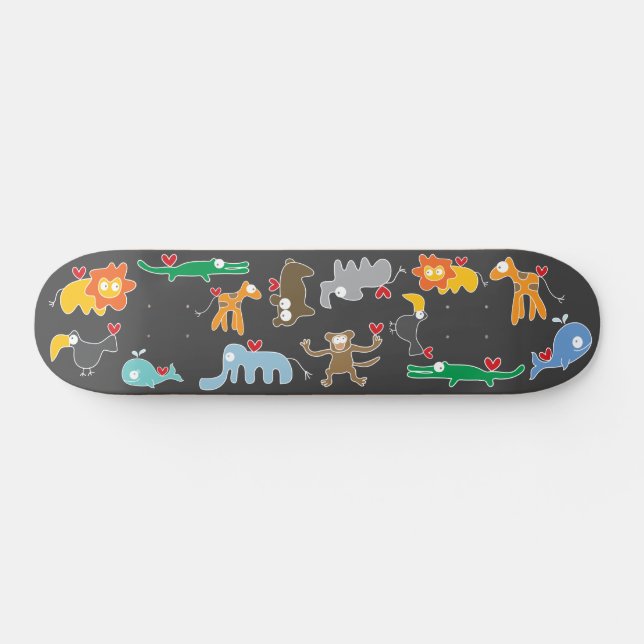 Cute Cartoon Animals Family With Love Hearts Kids Skateboard (Horz)