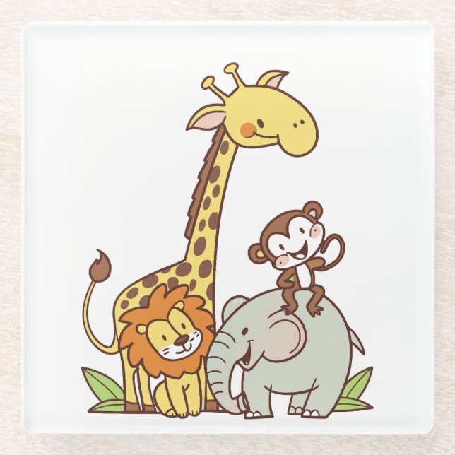 Cute Cartoon Animals – Giraffe, Lion & Monkey Glass Coaster (Front)