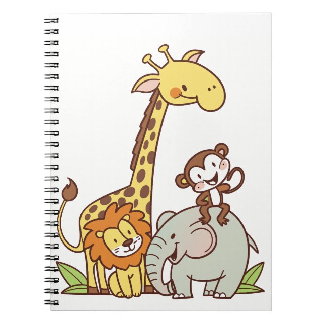 Cute Cartoon Animals – Giraffe, Lion & Monkey Notebook (Front)