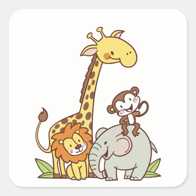 Cute Cartoon Animals – Giraffe, Lion & Monkey Square Sticker (Front)
