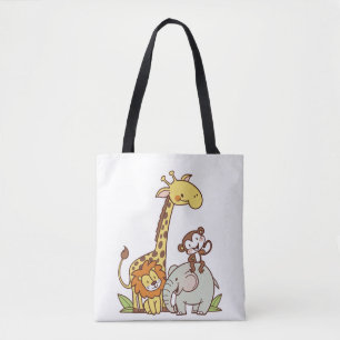 Cute Cartoon Animals – Giraffe, Lion & Monkey Tote Bag