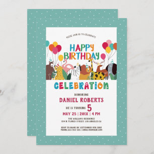 Cute cartoon animals kids Happy Birthday party Invitation