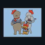 Cute Cartoon Animals Wearing French Clothing Postcard<br><div class="desc">This France-themed postcards features cartoon animals dressed up in French style clothing with blue and white striped shirts,  red berets and red neckerchiefs. There's a brown bear,  a brown rabbit or bunny and a grey poodle. This postcard can be customised with your own text.</div>