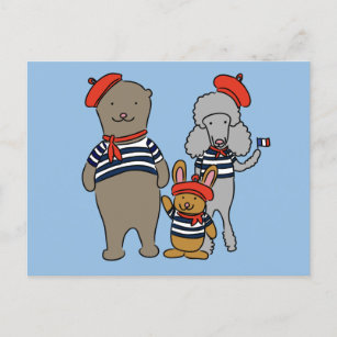 Cute Cartoon Animals Wearing French Clothing Postcard