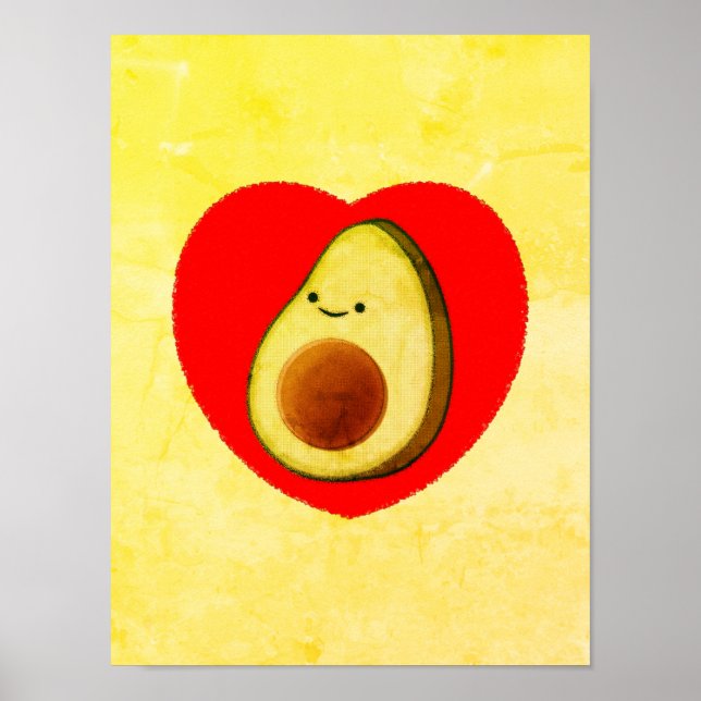 Cute Cartoon Avocado In Red Heart Painting Poster (Front)