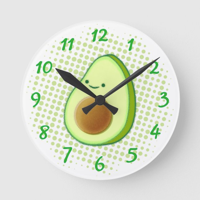 Cute Cartoon Avocado On Green Vortex  Round Clock (Front)