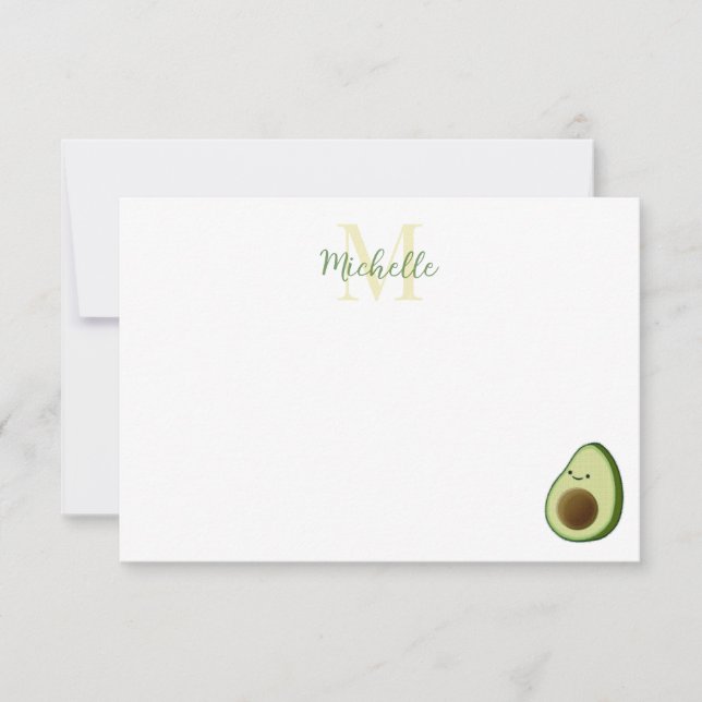 Cute Cartoon Avocado Personalized Monogram Card (Front)