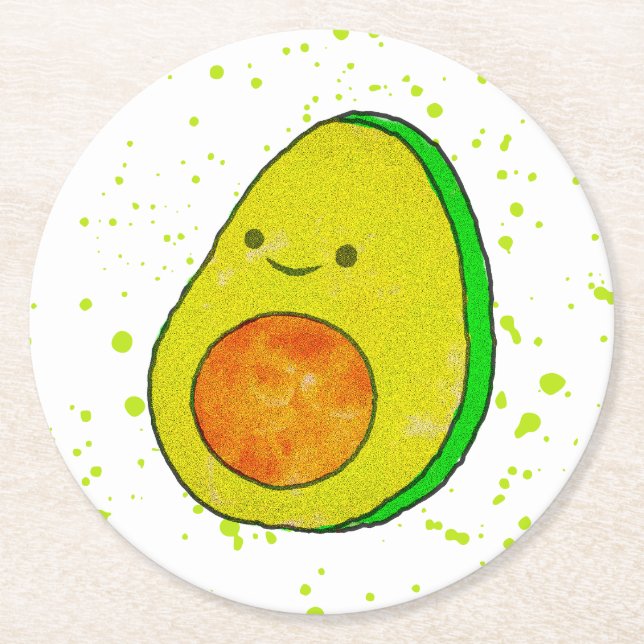 Cute Cartoon Avocado Watercolor Round Paper Coaster (Front)