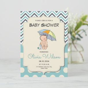 Cute Cartoon Baby Blue Boy Baby Shower Invitation