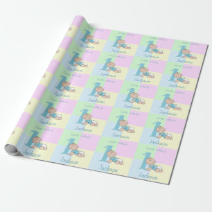 Cute Cartoon Baby Boy 1st Birthday Card Wrapping Paper