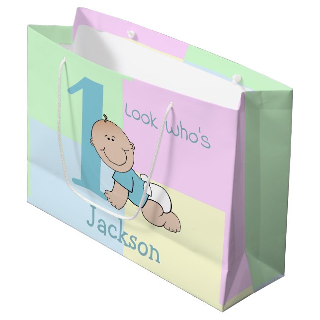 Cute Cartoon Baby Boy 1st Birthday Large Gift Bag (Front Angled)
