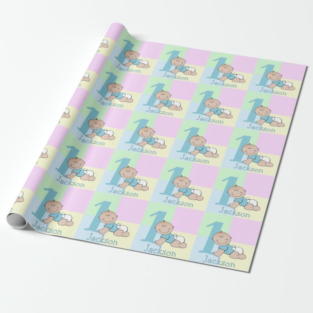 Cute Cartoon Baby Boy 1st Birthday Wrapping Paper (Unrolled)