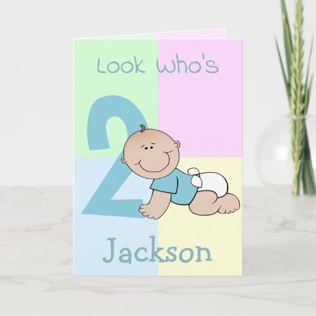 Cute Cartoon Baby Boy 2nd Birthday Card (Front)