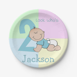 Cute Cartoon Baby Boy 2nd Birthday Paper Plate