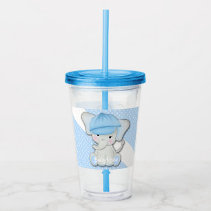 Cute cartoon baby elephant on a blue white polka acrylic tumbler