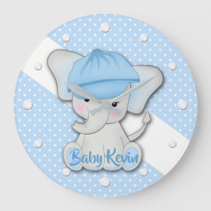 Cute cartoon baby elephant on a blue white polka d large clock