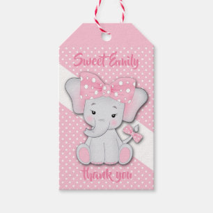 Cute cartoon baby elephant on a pink white polka gift tags