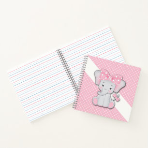 Cute cartoon baby elephant on a pink white polka notebook
