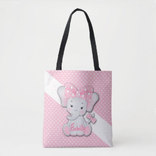Cute cartoon baby elephant on a pink white polka tote bag
