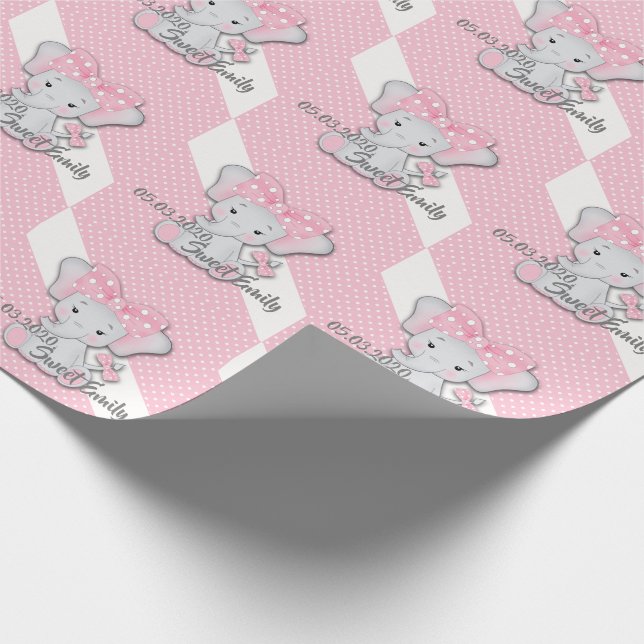 Cute cartoon baby elephant on a pink white polka wrapping paper (Corner)
