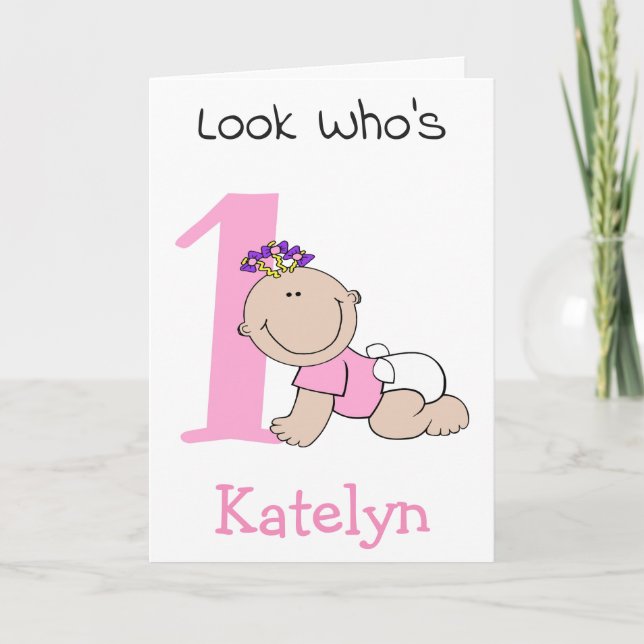 Cute Cartoon Baby Girl 1st Birthday Card (Front)