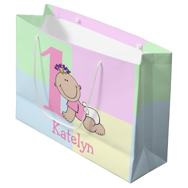 Cute Cartoon Baby Girl 1st Birthday Large Gift Bag (Front Angled)