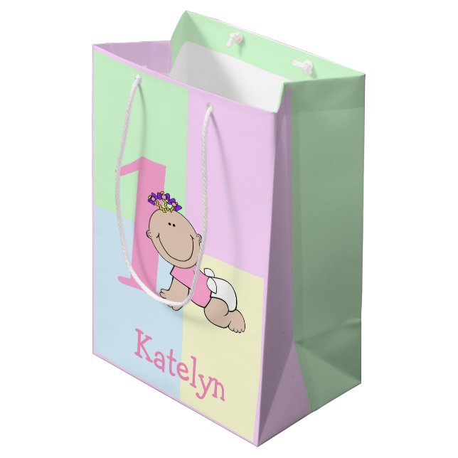 Cute Cartoon Baby Girl 1st Birthday Medium Gift Bag (Front Angled)