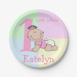Cute Cartoon Baby Girl 1st Birthday Paper Plate