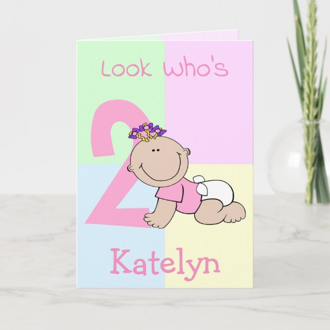 Cute Cartoon Baby Girl 2nd Birthday Card (Front)