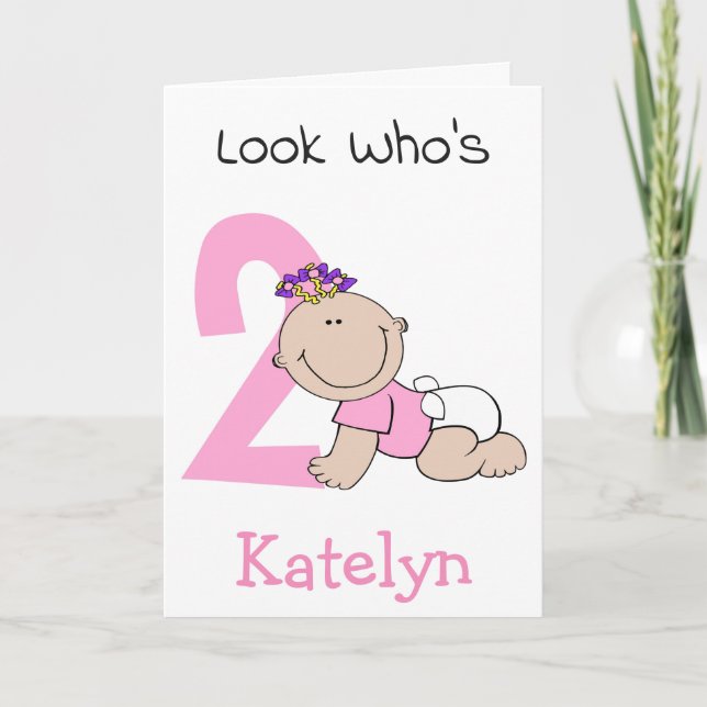 Cute Cartoon Baby Girl 2nd Birthday Card (Front)
