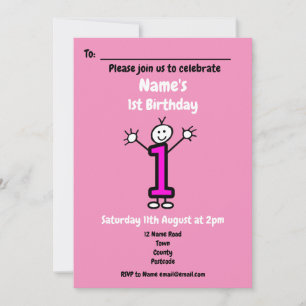 Cute Cartoon Baby Girl First Birthday Pink Party Invitation