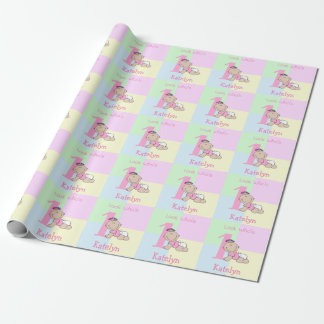 Cute Cartoon Baby Girl Pink 1st Birthday Wrapping Paper