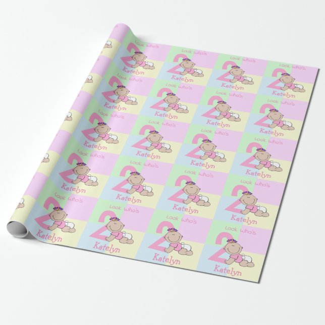 Cute Cartoon Baby Girl Pink 2nd Birthday Wrapping Paper (Unrolled)